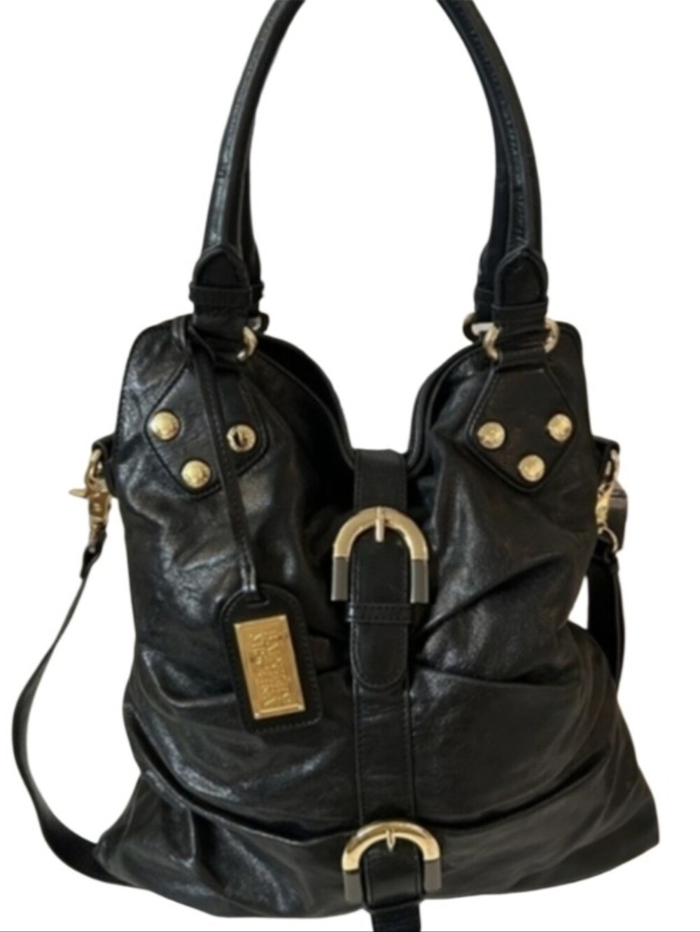 Badgley Mischka Black Leather Shoulder Bag with Gold Hardware
